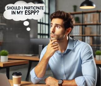 A man in a button-down shirt, sitting at his desk in front of his computer, contemplating if he should participate in his ESPP.