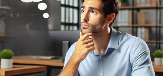 A man in a button-down shirt, sitting at his desk in front of his computer, contemplating if he should participate in his ESPP.